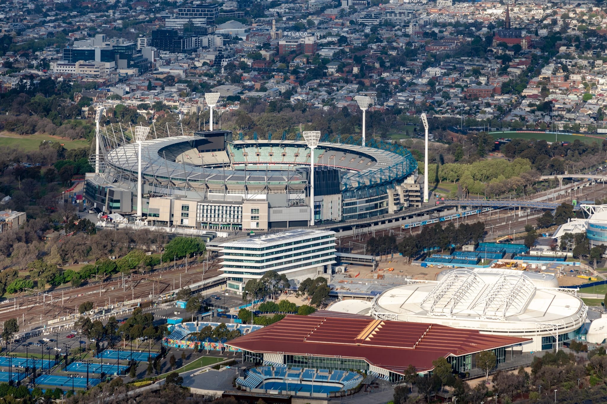The Melbourne Cricket Ground and the sports precinct beside it, seen from above