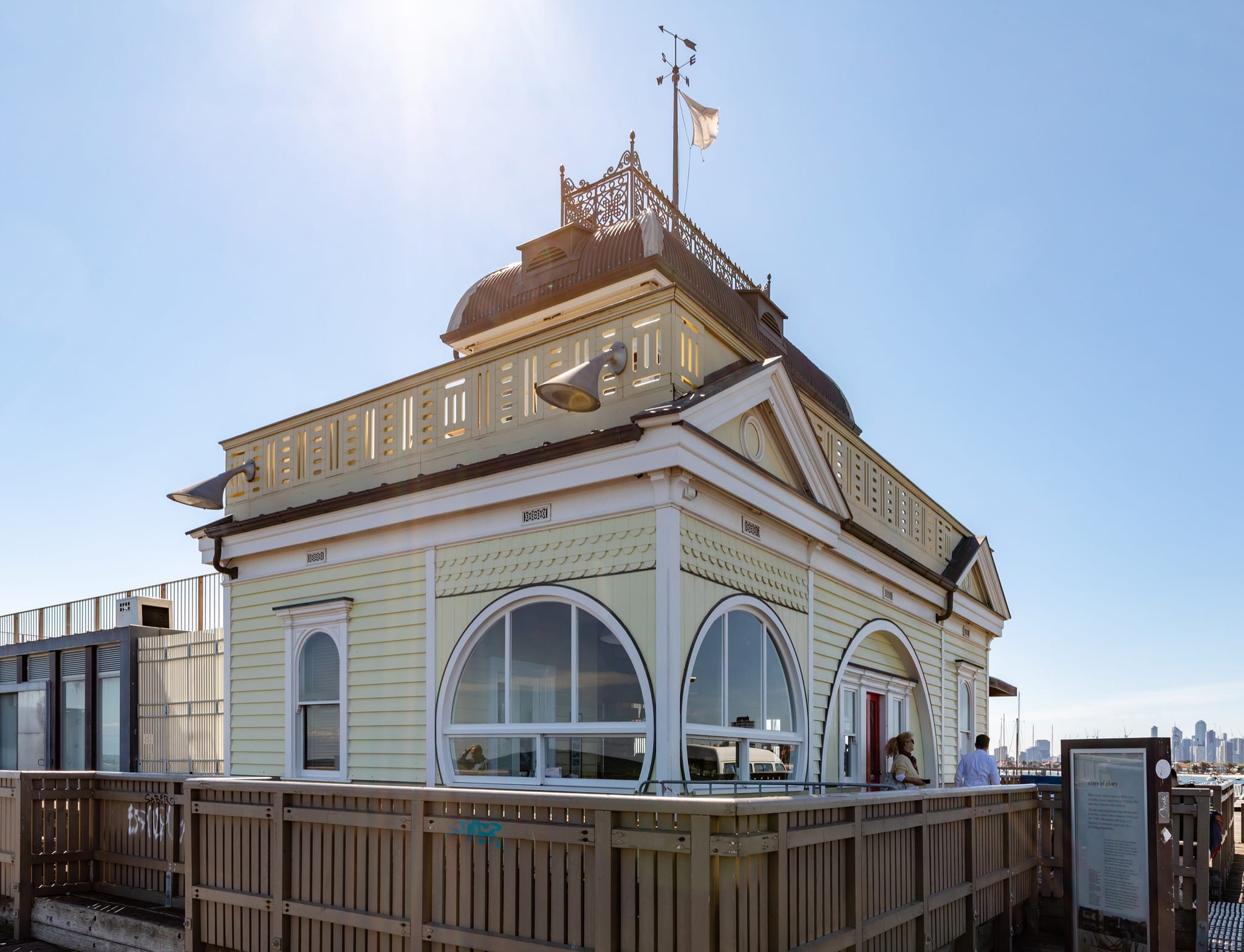 The heritage kiosk on St Kilda Pier on a sunny day