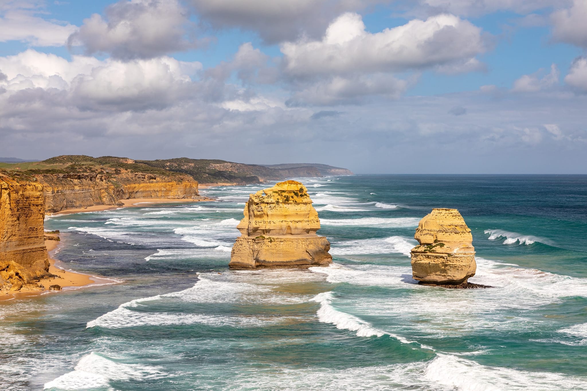 Limestone stacks of the Twelve Apostles rising from the sea in Port Campbell National Park