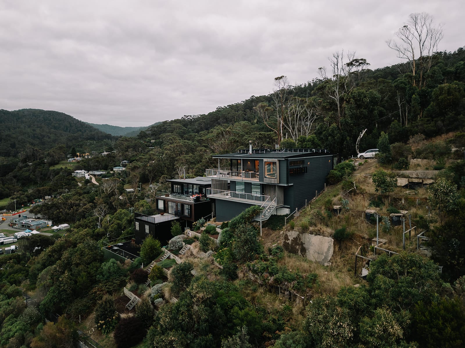 Aerial view of At Wye Eyrie II, perched in the bush above Wye River on the Great Ocean Road