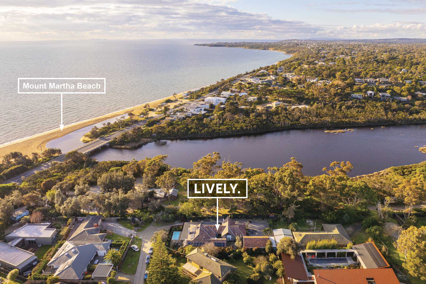 Aerial view of Mount Martha Beach and the Balcombe Estuary, with Galene marked