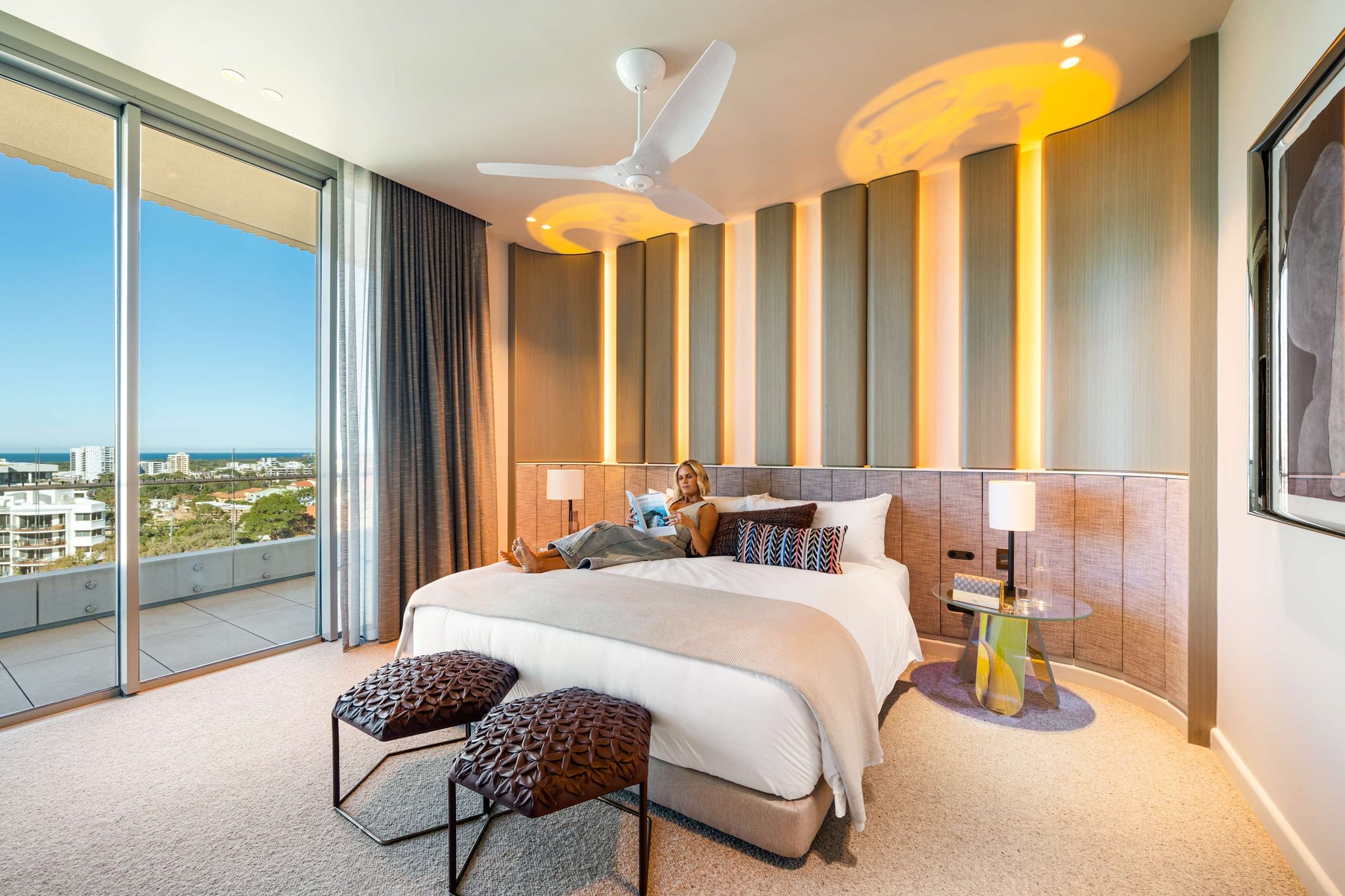 One of the five king suites at RISE, with views over the coast