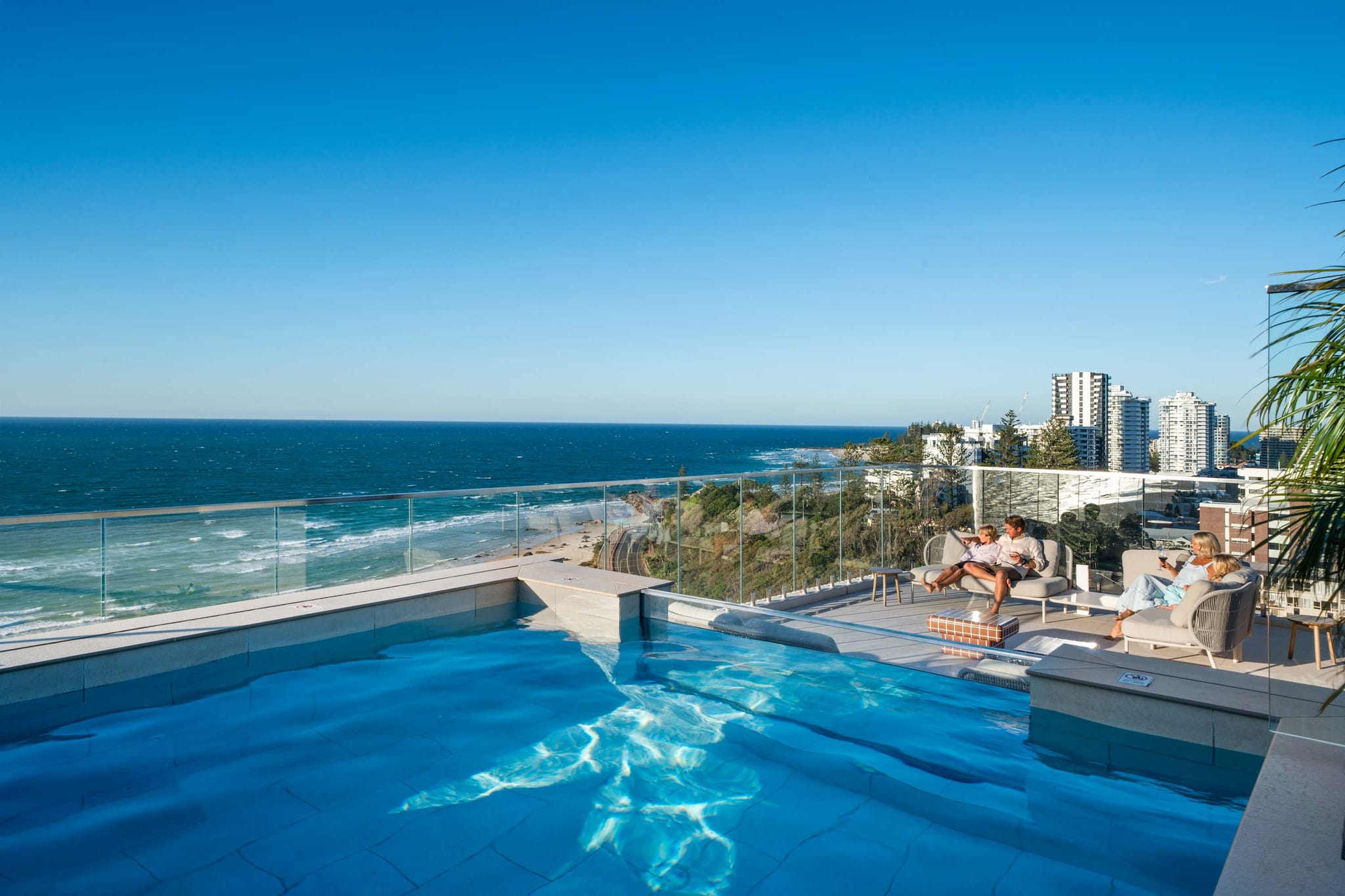 The heated private rooftop pool at RISE penthouse, above Kirra Beach on the Gold Coast