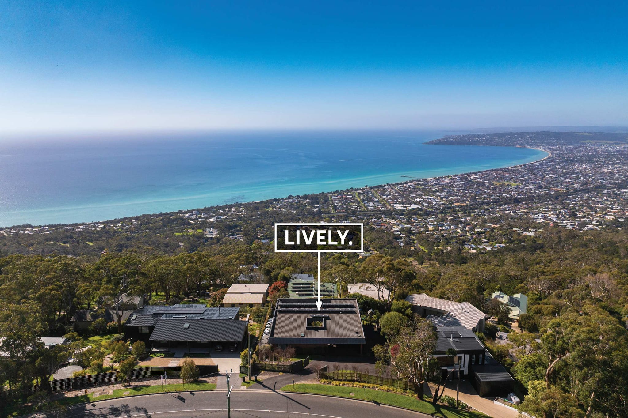 Aerial view from Arthurs Seat across Port Phillip Bay, with Summit House marked below