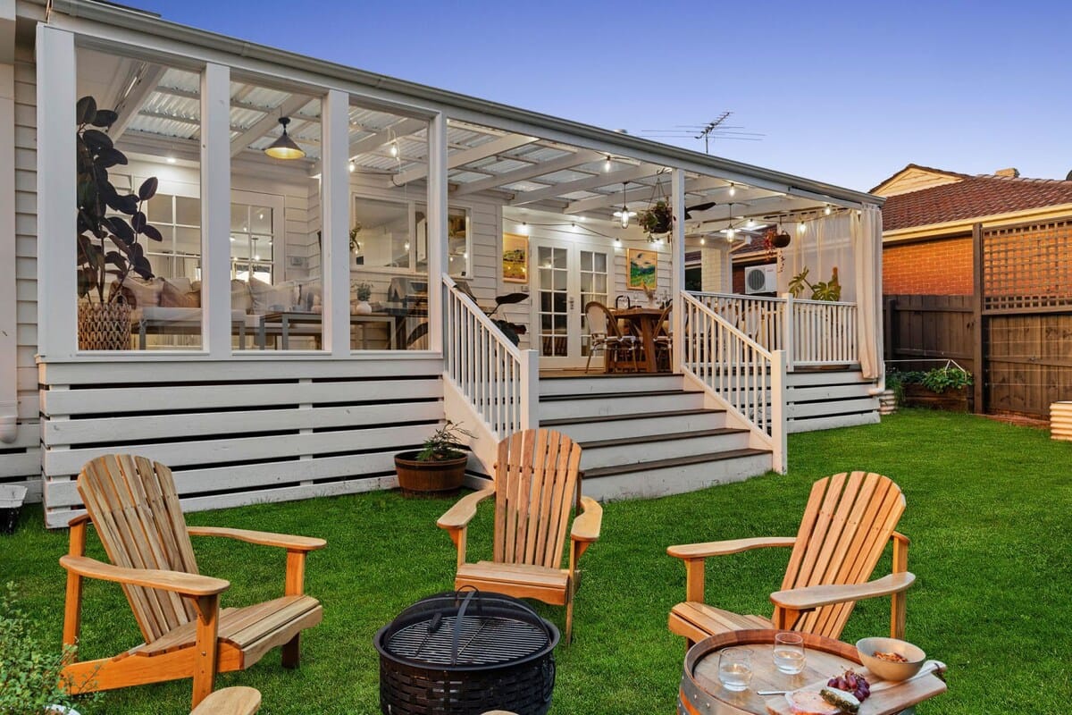 Sol YV in Yarra Glen, with the deck, lawn and fire pit set up for the evening