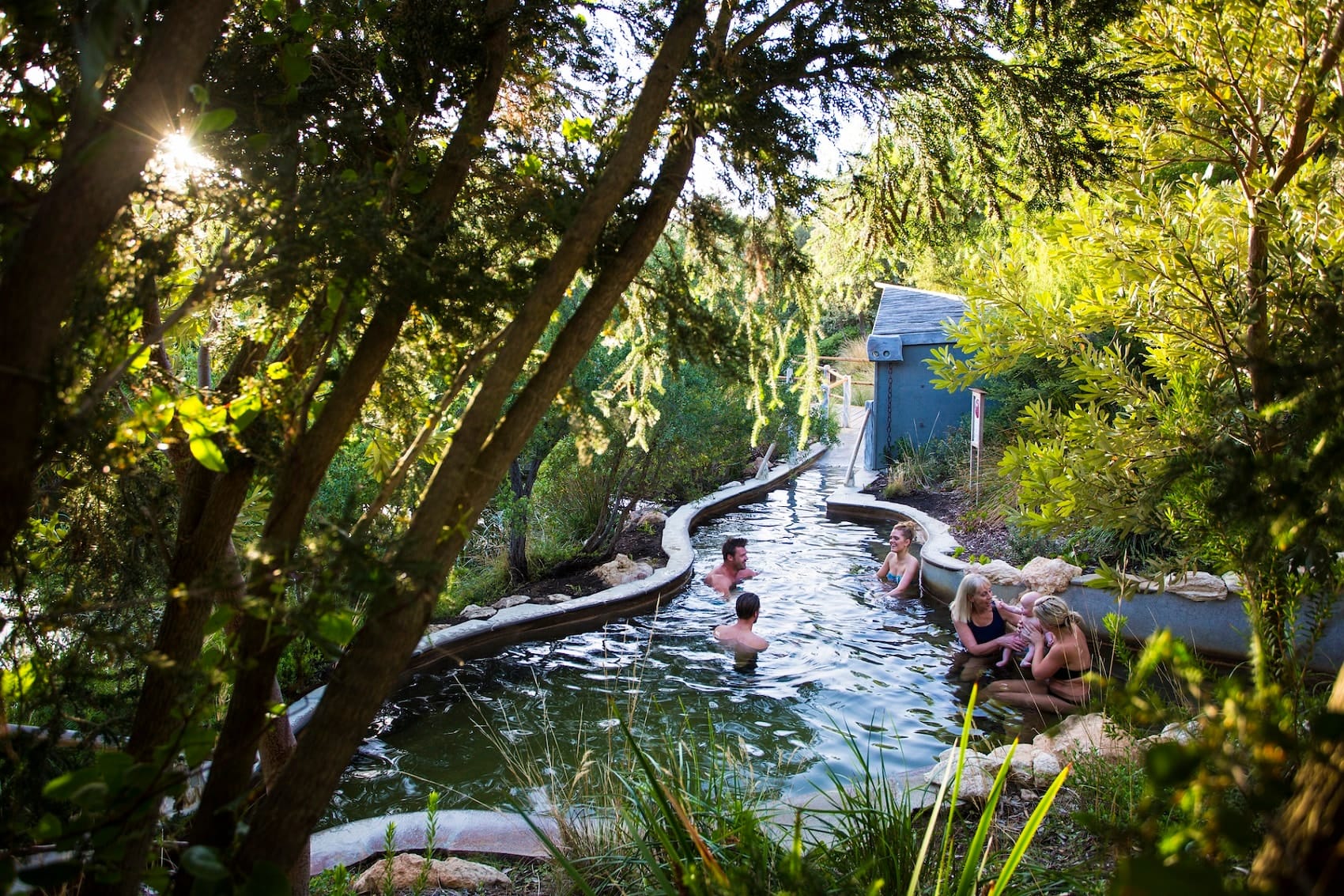 Bathers in the geothermal pools among the trees at Peninsula Hot Springs