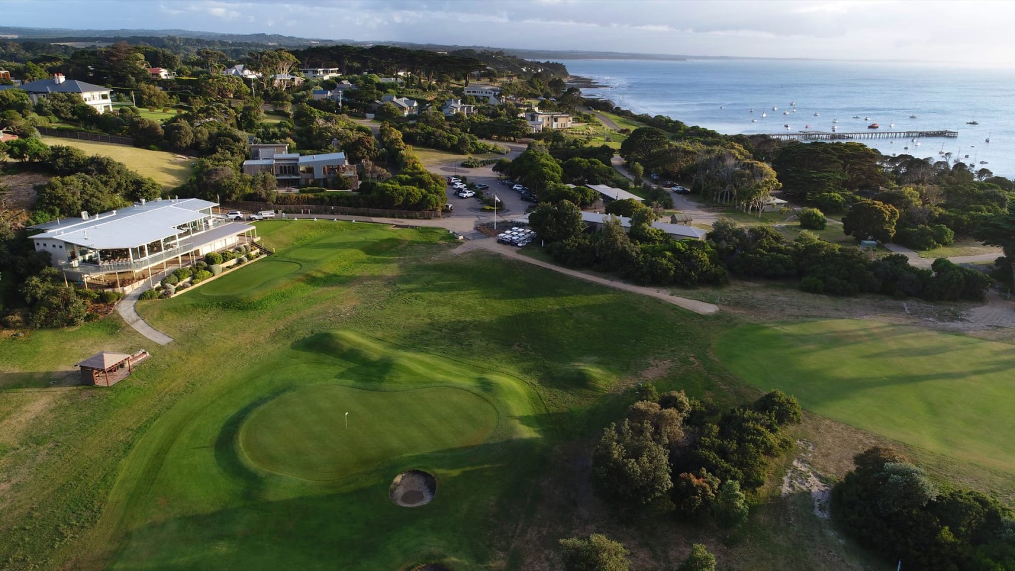 Aerial view of Flinders Golf Club above the sea